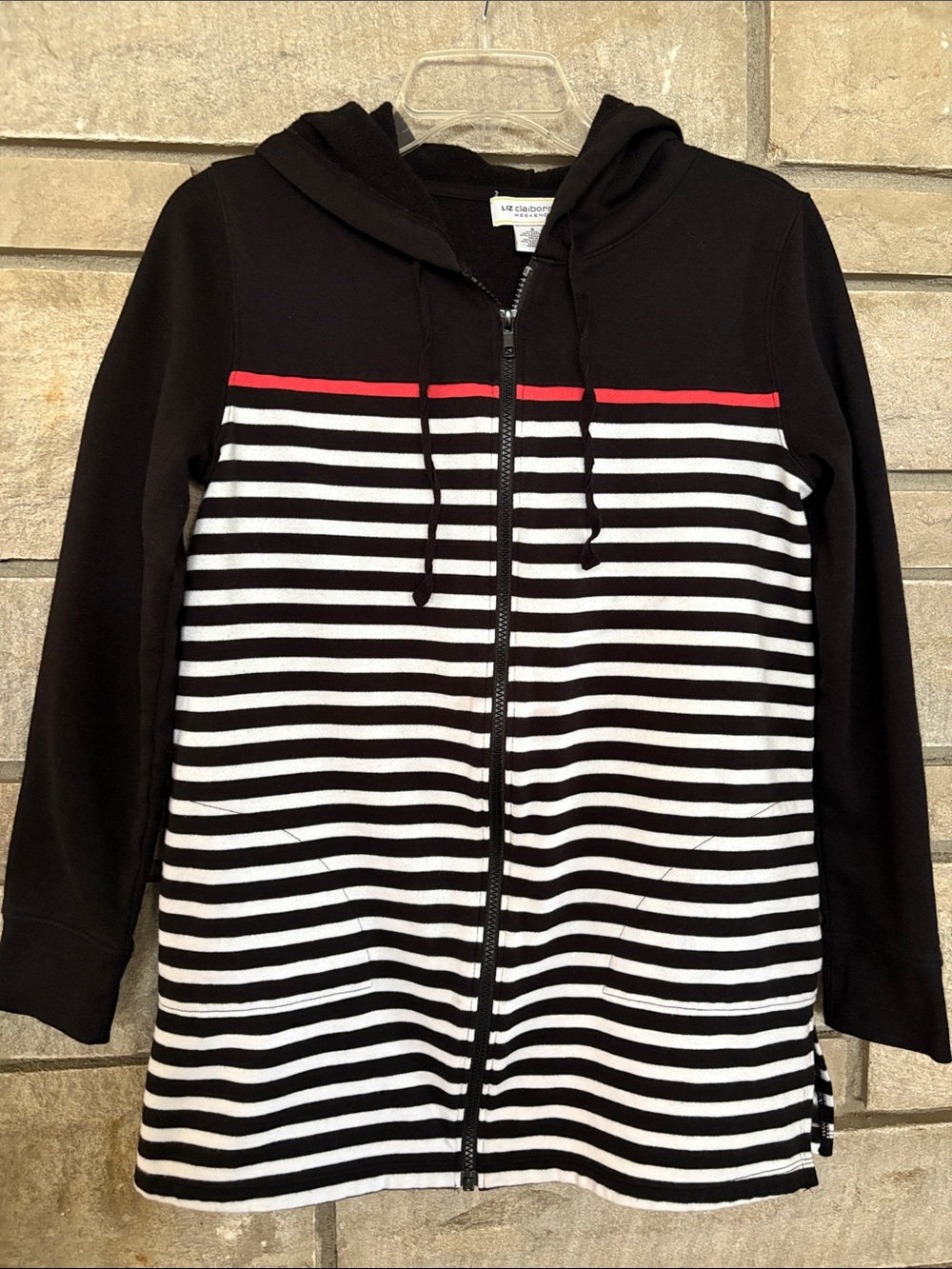 Liz Claiborne Black & White Striped Zip Hoodie with Red Trim